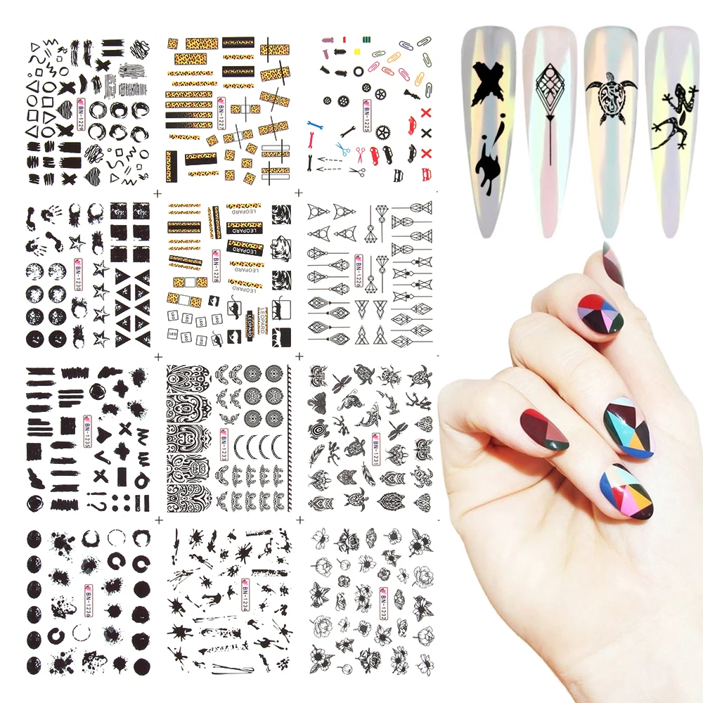 12 видов стилей геометрический Нейл-ползунки воды Стикеры комплект Nail Art Наклейки переводятся при помощи смешанный дизайн декоративный для маникюра DIY татуировки Фольга