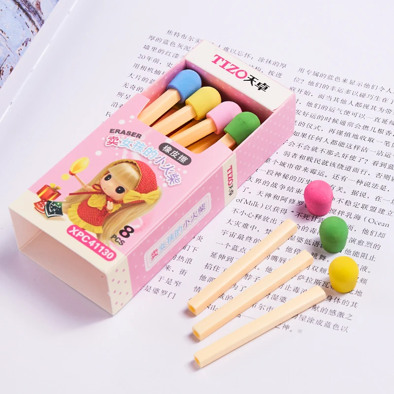 8 Pcs/box Cute Kawaii Creative Funny Matches Girl Pencil Erasers