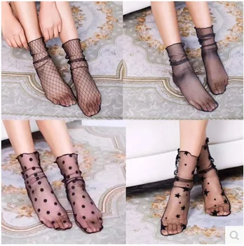 

New see-through lace transparent star net lattice wave point net socks women thin spring and summer pile socks