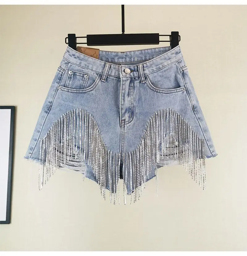 2020 Spring Summer Rhinestone Heavy Tassels Nail Diamond Beads High Waist Blue Denim Shorts Women Wide Leg Ripped Jeans Shorts