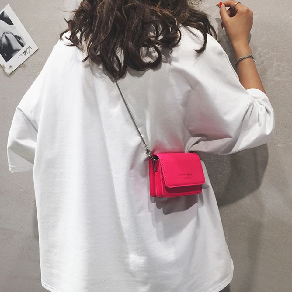 Online Neon Green Yellow Pink Mini Leather Crossbody Bags for Women Lady Travel Purses Handbags Chain Shoulder Messenger Bag