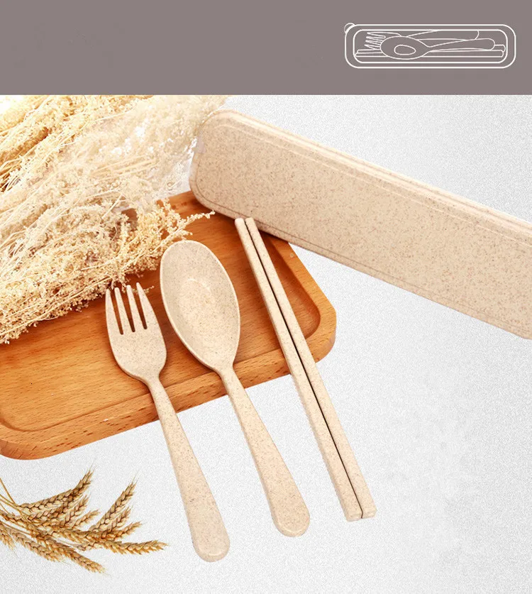 Wheat Portable Tableware Three-piece Originality Travel Scoop Chopstick Fork Suit Student Gift Box