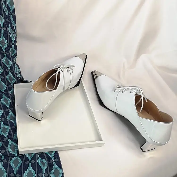 Metal Pointed Toe Patent Leathe Shoes Woman High Heels Pumps Chunky Heels Ladies Shoes Lace Up Talon Femme Party Casual Scarpin