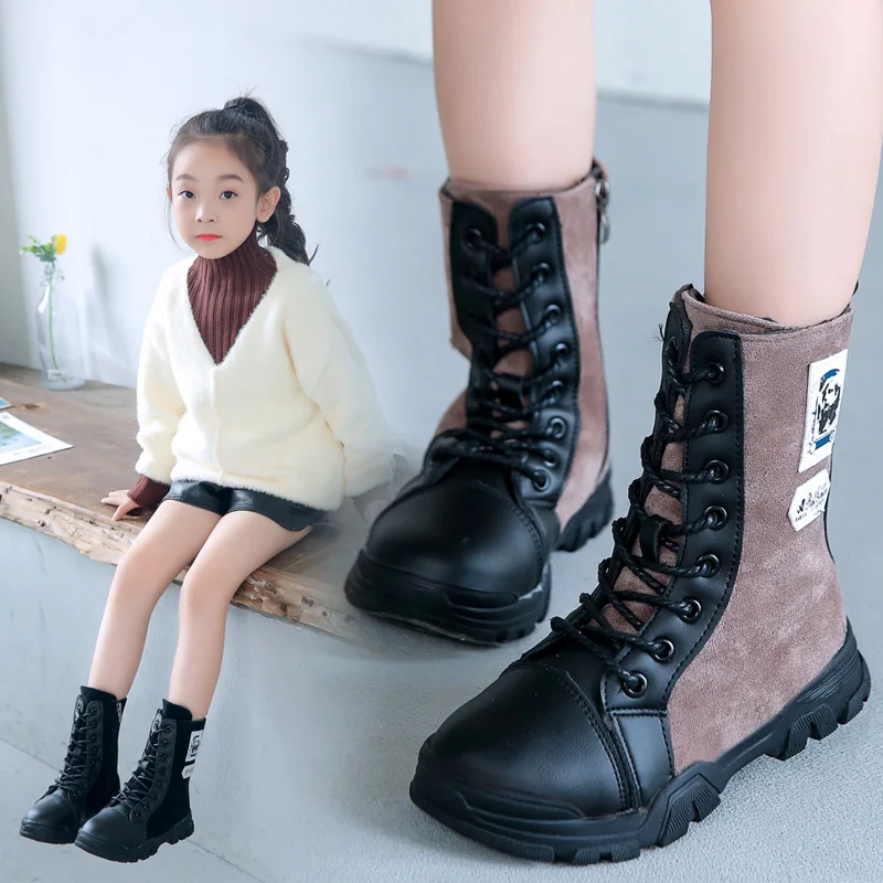 Зимние ботинки для девочек; замшевые кожаные ботинки «Челси»; модная зимняя плюшевая обувь; теплые детские Ботинки martin; обувь в стиле ретро на шнуровке