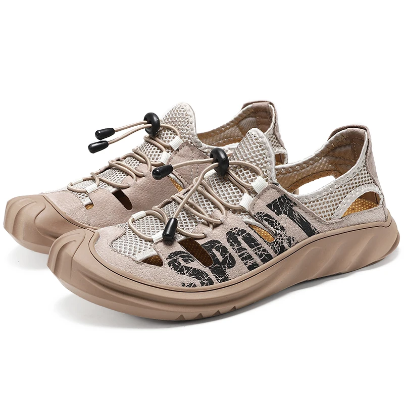 Men's Sandals New Fashion Breathable Leisure Beach Summer Men Shoes High Quality Leather Mesh Splicing Sandals Size 38-48