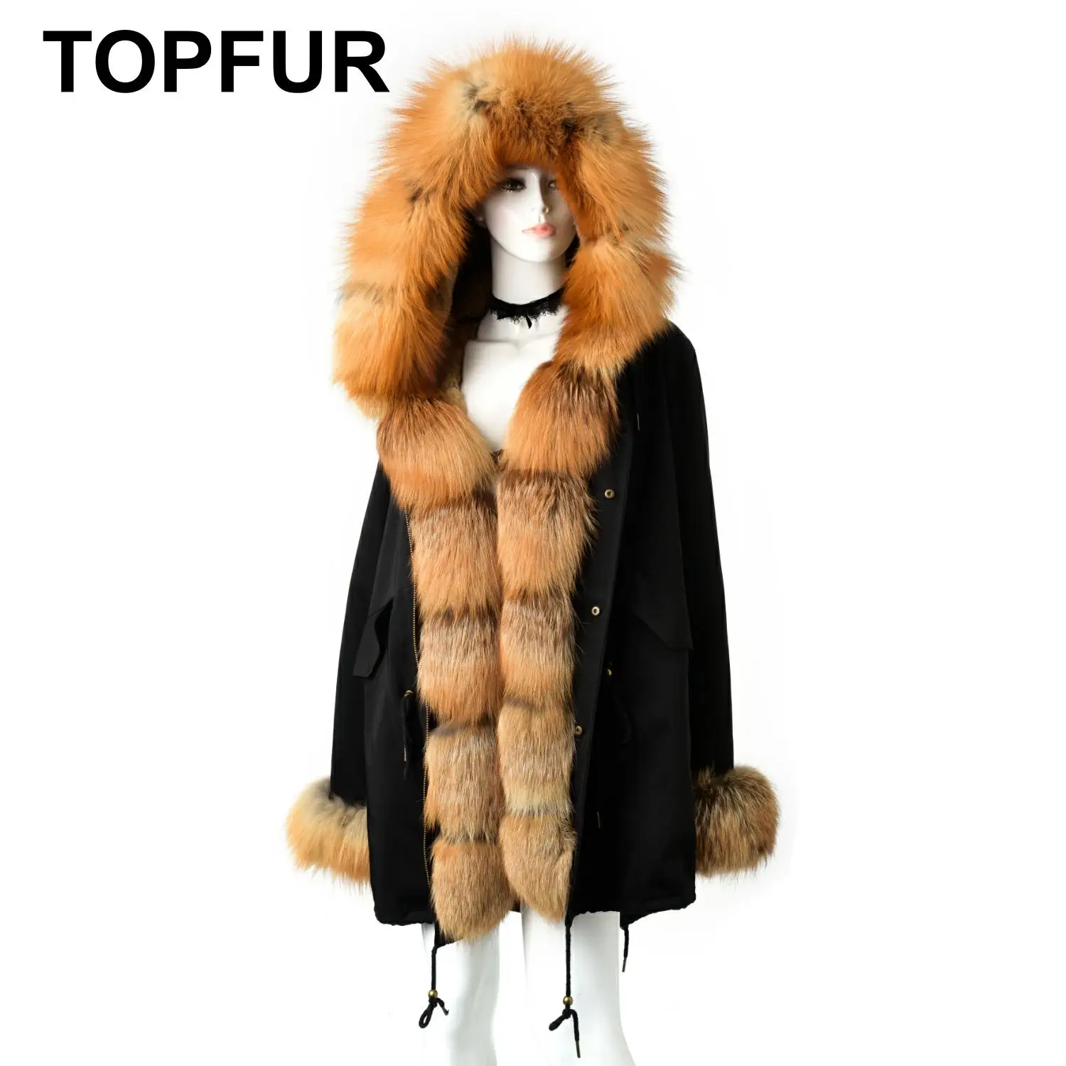 Женская длинная шуба TOPFUR черная облегающая из натурального меха кролика рекс с