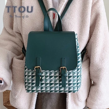 

Fashion PU Leather Wool Women Backpack Preppy Style Plaid Backpacks School Bag for Teenager College Girls Shoulder Travel Bag