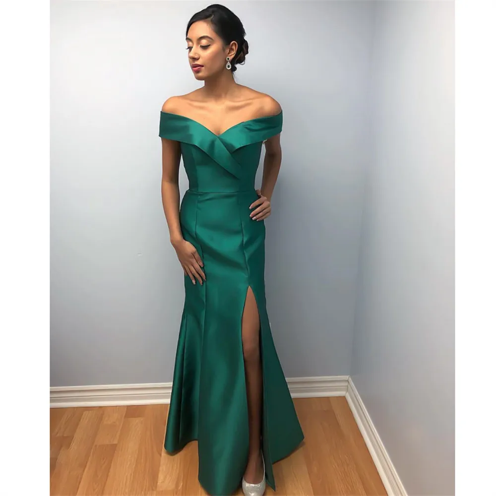 Baijinbay Охотник зеленый с открытыми плечами Вечерние платья Длинные Vestidos De Fiesta De Noche с Боковым Разрезом платья для выпускного вечера Женские вечерние платья