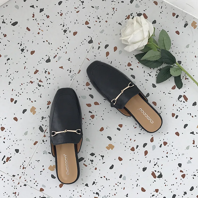 Fashion Women's Slip-on Autumn Round Toe Low Heels Metal Chain Female Shoe Modis New Slip On Fall Buckle Dress Basic PU