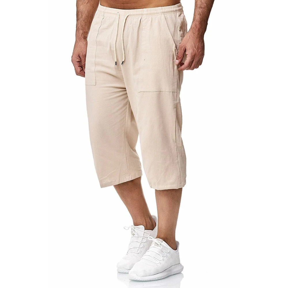 

Men Summer Linen Calf-Length Pants Daily Casual Vacation Comforty Straight Trousers Men Pocket Drawstring Pants D30