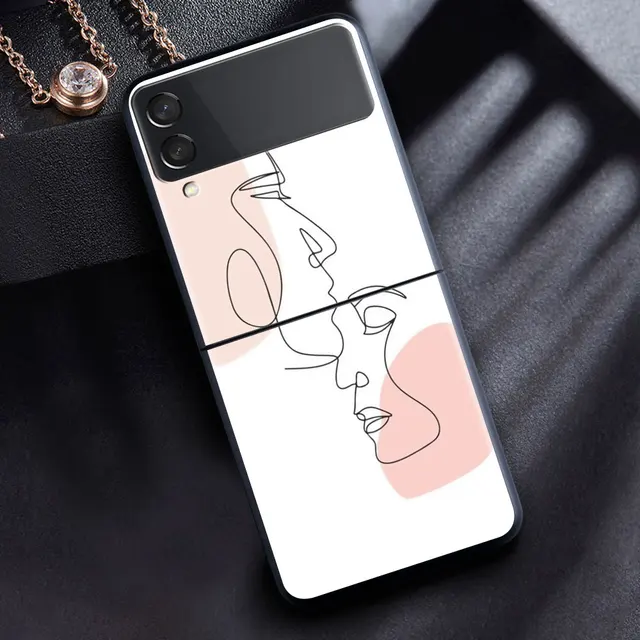For Samsung Galaxy Z Flip 3 5G Case Luxury Matte Black Hard Phone Cover ZFlip 3 Shockproof Fundas Shell Abstract Women Face Line B02