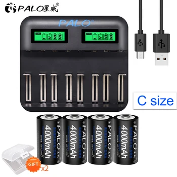 

Palo 4pcs C size Rechargeable Battery NiMh+USB Fast charge C D Battery Charger LCD for Size AA AAA SC C D Battery NiMh NiCd 1.2V