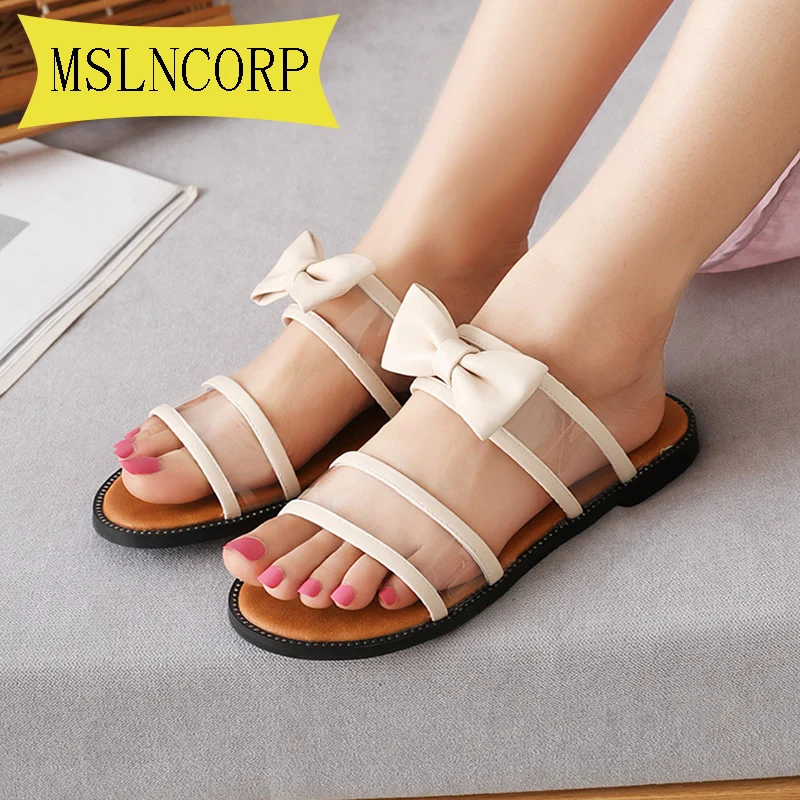 

Big Size 34-43 Women Summer Flat Slipper Transparent Bowknot Soft Jelly Shoes Female Open Toes Sandals Outdoor Beach Ladies Shoe