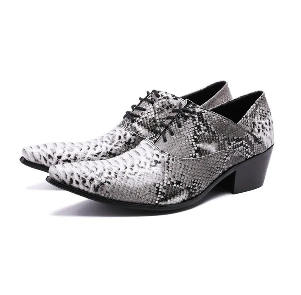 Pointed Snake Printed Leather Mens Casual Shoes Wedding Man Lace-up Heighten