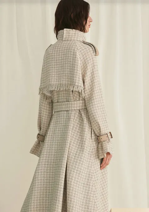Design Plaid Trench Coat Women Office Lady Coat A-Line Elegant Trench Windbreaker Belt Tassel Long Coat Women Streetwear