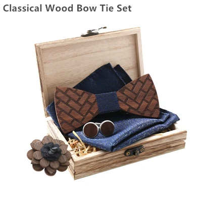 Unisex High-end Natural Wood Raised Bow Tie For Wedding Logo Customized Wooden Ties Set 6 Color Free Handkerchief Z304SQ