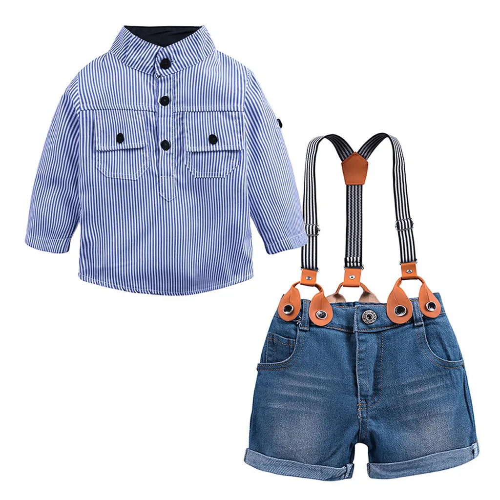 

SAGACE Baby Outfits Blue Striped Long Sleeve Turn-down Collar Button Shirt Denim supenders Overalls Outfit Set toddler boy sets