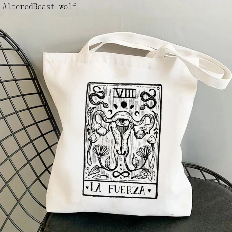 Women Shopper bag La fuerza Tarot Printed Kawaii Bag Harajuku Shopping Canvas Shopper Bag girl handbag Tote Shoulder Lady Bag