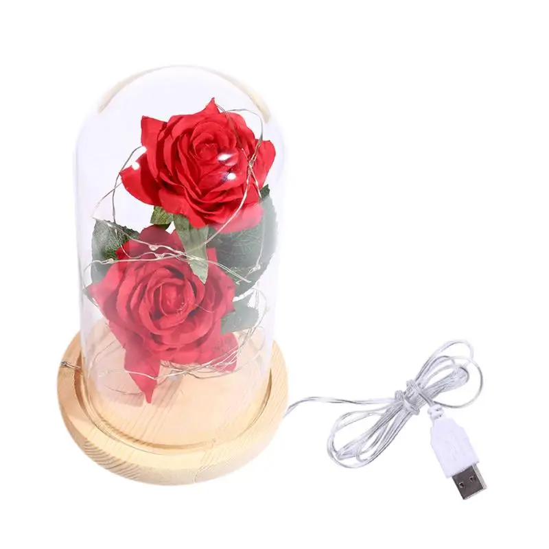 USB 20LED Ночник подарок на день Святого Валентина 2 Роза стеклянный купол медный провод деревянная база струнный светильник поддержка дропшиппинг - Цвет: Beige Stand
