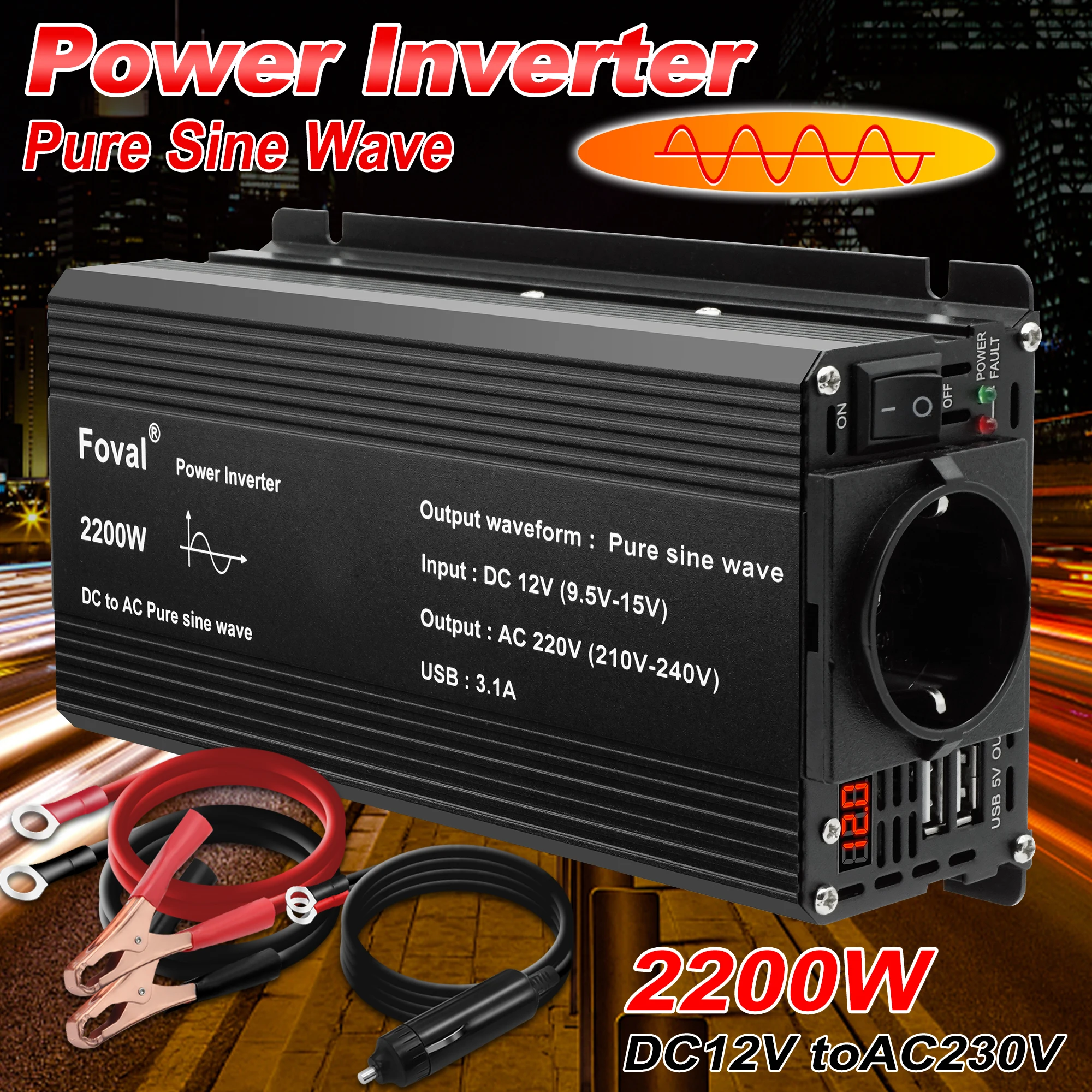 

Pure Sine Wave Inverter DC 12V to AC 220V 230V 1500W/2200W/2600W/3000W LED Voltmeter Converter Transformer Universal EU Socket