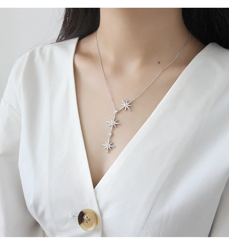 Чистое Серебро S925 пробы, изящные ожерелья, звезды, циркон, Длинная подвеска, крест, цепь, простые модные ожерелья в стиле "Ретро", Женские Ювелирные изделия