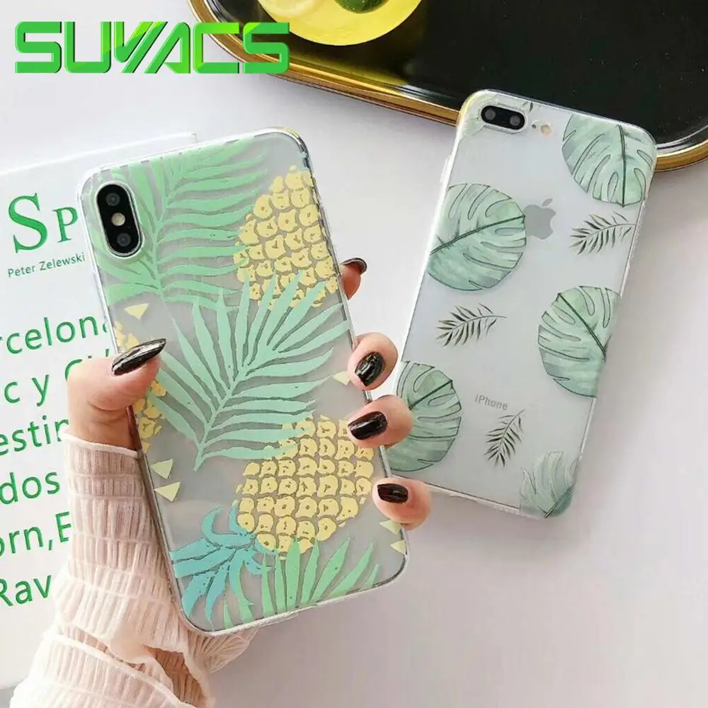 

SUYACS Transparent Leaf Fruit Phone Case For iPhone XR X XS Max Case For iPhone 7 8 Plus Fitted Soft Ultra-thin Phone Back Cover