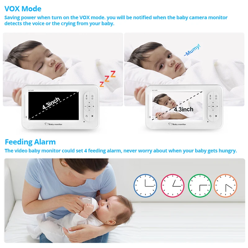 4.3 inch Video Baby Monitor Wireless with Camera Two-way Talkback Nanny Camera Babysitter Night Vision Temperature Detection