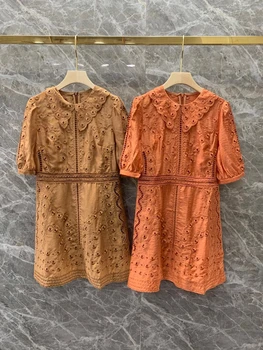 

2020 Spring and Summer New Women's Dovetail Lapel Water ci xiu hua Hollow Self-Short-Sleeve Dress 413