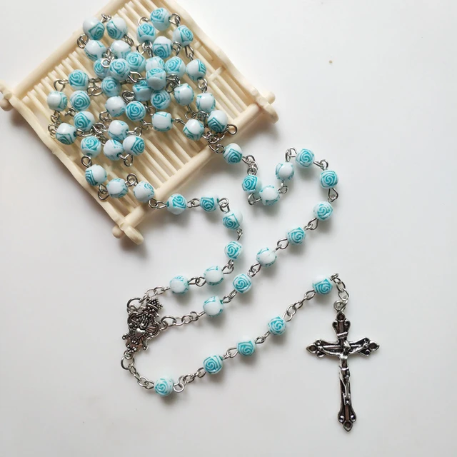 Religious Blue Meditation Prayer Beads Chain Y-Necklace Crucifix