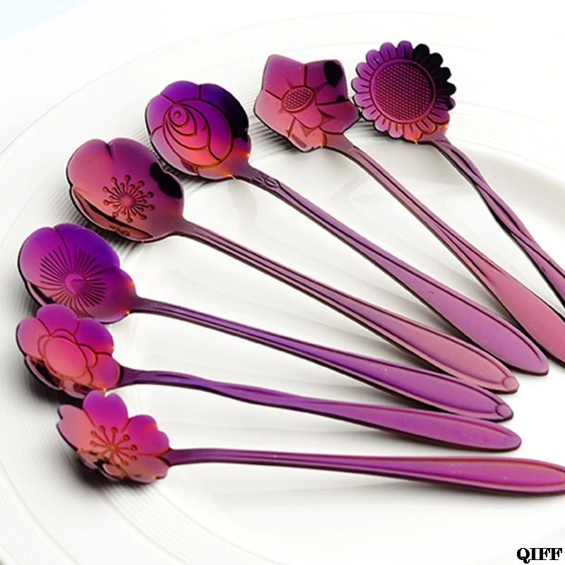 8pcs Steel Teaspoon Rainbow Color for Coffee Tea Mixing Sugar Ice Cream Stir Bar Spoons-8 Diffient Pattern Colorful Cutlery