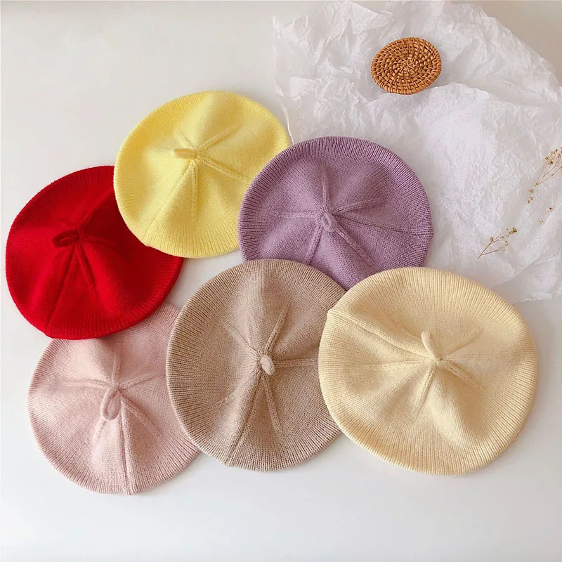 Baby Hat Knit Hat Fashion Baby Hat Solid Color Flower Girls Warm Beret Vintage Knitted Beret Hat Kids Autumn Winter Children Artist Painter Cap