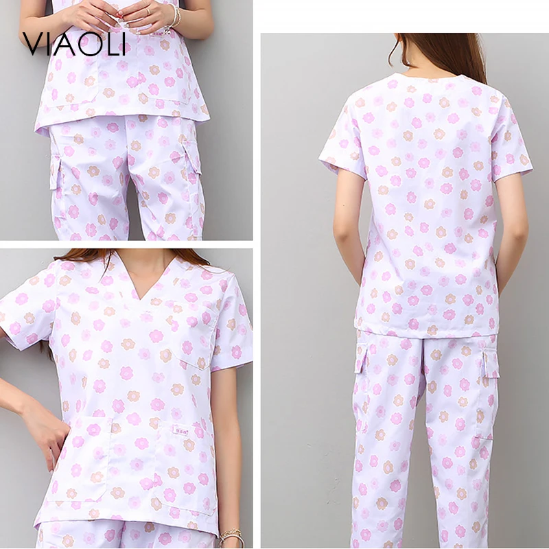 Viaoli women and men Medical Uniforms Nursing Scrubs Clothes Short Sleeve coat Doctor Clothing Brush hand clothing printing
