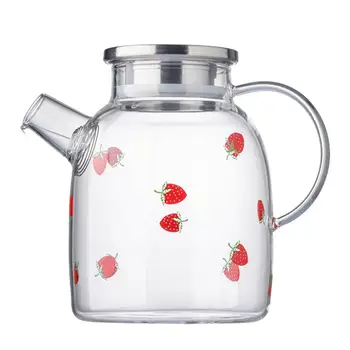

1Pc 1600ml Heat-resistant Glass Teapot Strawberry Pattern Glass Pot Glass Kettle Drinkware Table Decoration Accessories