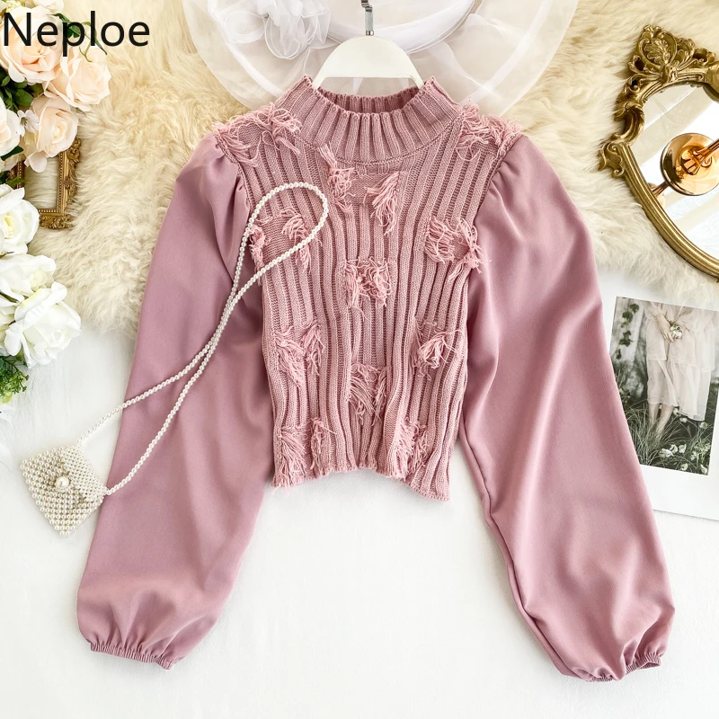 Neploe Autumn Fashion Slim Pull Jumpers Short Turtleneck Vintage Pullover Knitwear Lantern Sleeve Patchwork Knitted Tops 55529