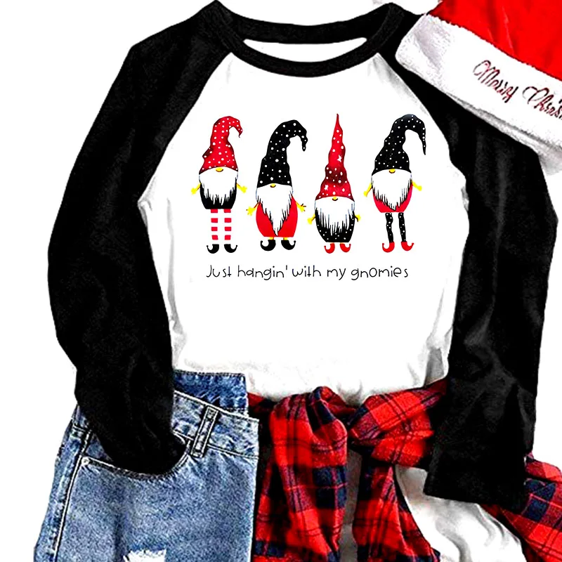 Женская футболка с длинным рукавом и надписью "реглан", Рождественская футболка с надписью "Just Hanging With My Gnomies", Повседневная футболка Grunge Tumblr, женская футболка