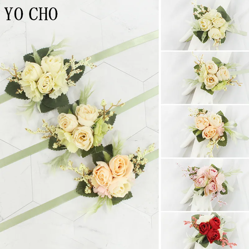 Damigelle d'onore Rose Bracciale in seta Fiori Mariage Sposo Corpetto Fiore all'occhiello Spille Spilla Fiori Ospiti Prom Accessori da sposa - immagine 5
