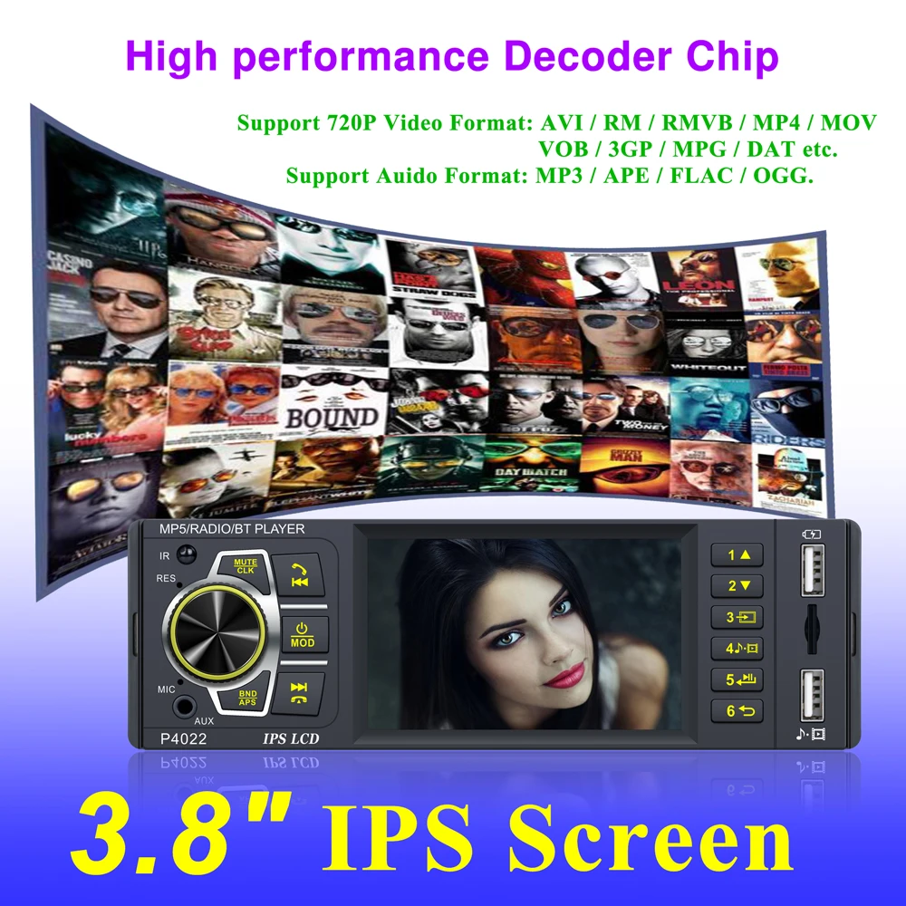 ESSGOO Car Radio 1 Din MP5 Player 3.8 Inch IPS Screen Autoradio Stereo FM Bluetooth Mirror Link Microphone Rear View Camera