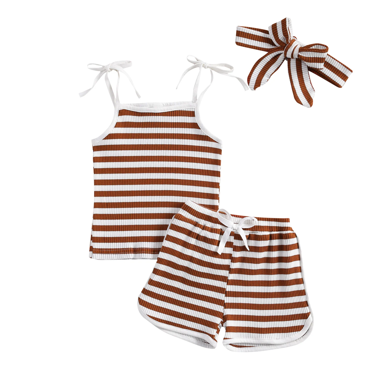 0-24M Newborn Baby Girls Boys 3Pcs Clothes Sets Striped Knitted Sleeveless Summer Sling Tops with Elastic Short and headband baby shirt clothing set Baby Clothing Set