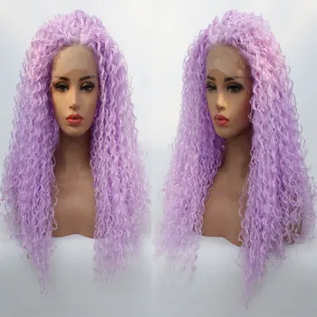 

Light Purple Afro Kinky Curly Synthetic Lace Front Wig Heat Resistant Fiber Hair Natural Hairline Sied Part For Women Girl Wigs