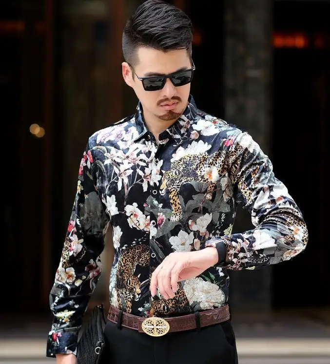 style1 Мужская Осенняя шелковая рубашка Повседневная С Длинными Рукавами Леопардовый принт бархатное платье рубашка цветочный Бизнес Рубашка мягкая удобная - Цвет: style1