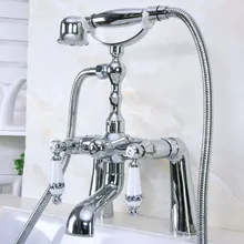 

Brass Polished Chrome Deck Mounted ClawFoot Bathroom Tub Faucet Dual Ceramic Handles Telephone Style Hand Shower Head ana113