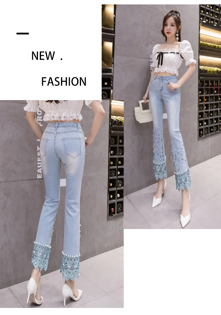 Women's High Waist Jeans Slim Elastic Vintage Peals Beading Lace Patchwork Hot Drilling Trouser Denim Flare Pants Female zara jeans