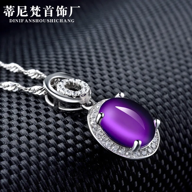 

Hot Selling S925 Fine Silver Korean-style Fashion Accessories Inlaid Gemstone Amethyst Cool Necklace Choker Pendant Women's