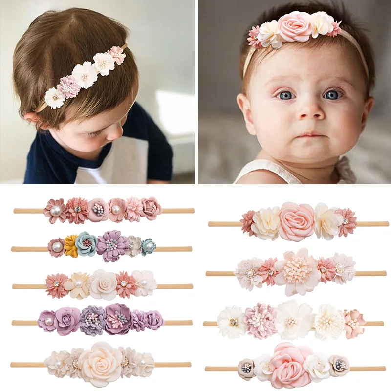 Artificial Flower Baby Headband for Girls Nylon Hairband Soft Infant Kids Traceless Hair Accessories Toddler Bangdage 3 4pcs artificial flower headband set for baby girls floral hair bands newborn toddler elastic nylon kids headwear accessories