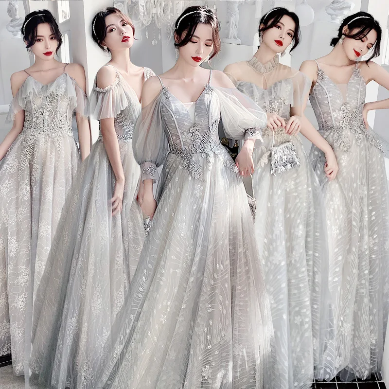 Bridesmaids Dresses Short V-Neck Embroidery Sequined Lace Tulle Off The Shoulder Luxury Gray Wedding Party Dress For Lady E046 Bridesmaids Dresses Short V-Neck Embroidery Sequined Lace Tulle Off The Shoulder Luxury Gray Wedding Party Dress For Lady E046