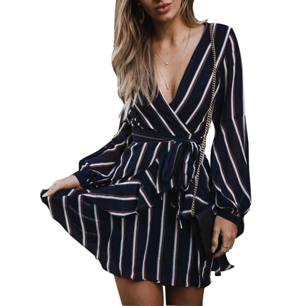Yiwa Women Plus Size Stripes Printing V Collar Back Zipper Long Sleeve Dress Breathable Women's Clothing Dress Ladies Tops