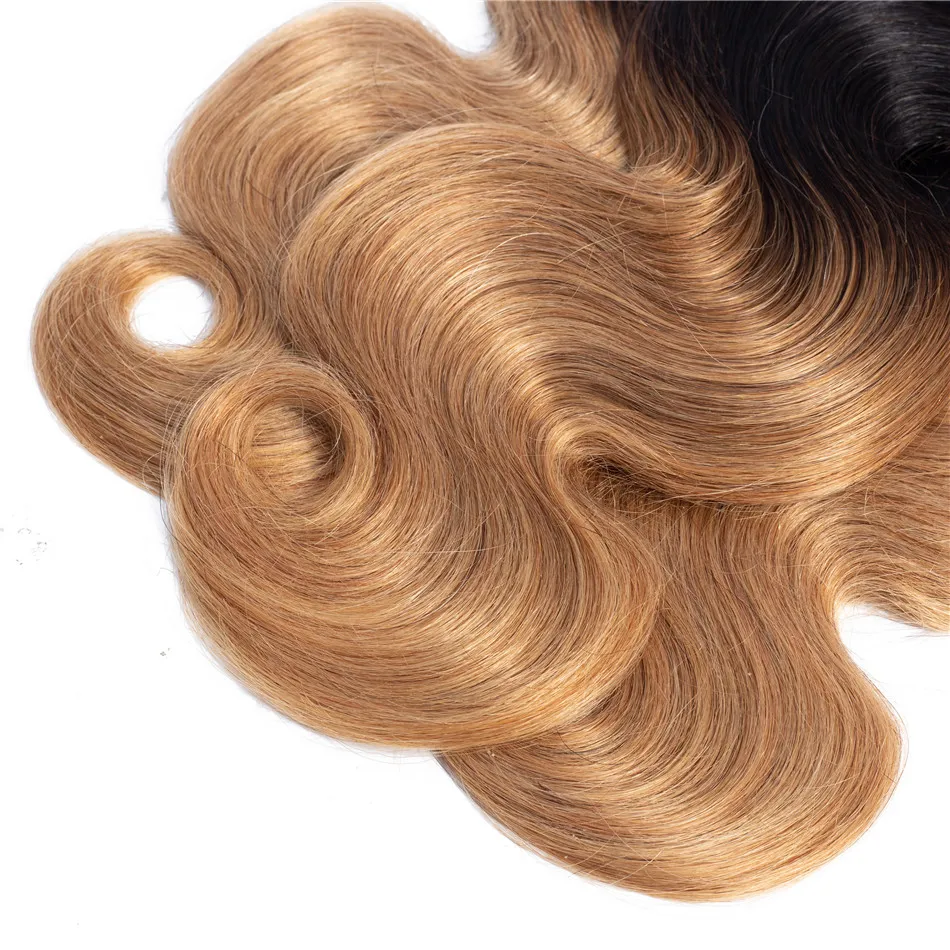 Liddy Bundles With Closure Brazilian Body Wave Hair Ombre 3 Bundles With Closure 100% Human Hair T1B-27 Non-remy Hair Extensions