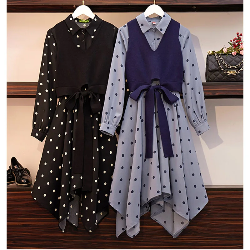 

Large Size Women's Set Clothes 2019 New Spring Autumn Fashion Dot Irregular Dress Bow Crop Tops Skirt Two-piece Vestidos f1458