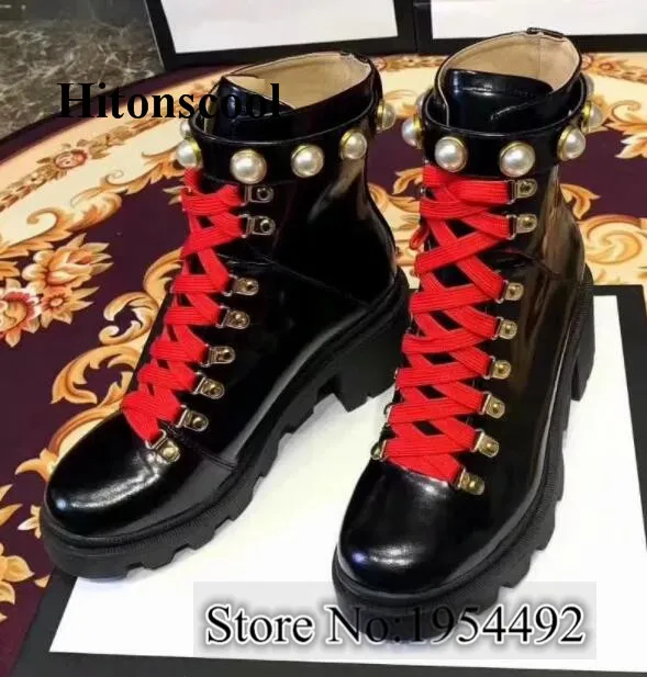 

2019 Women Genuine Leather High Heel Ankle Boots Lace Up High Platform Boots Females Shoe Lady Black
