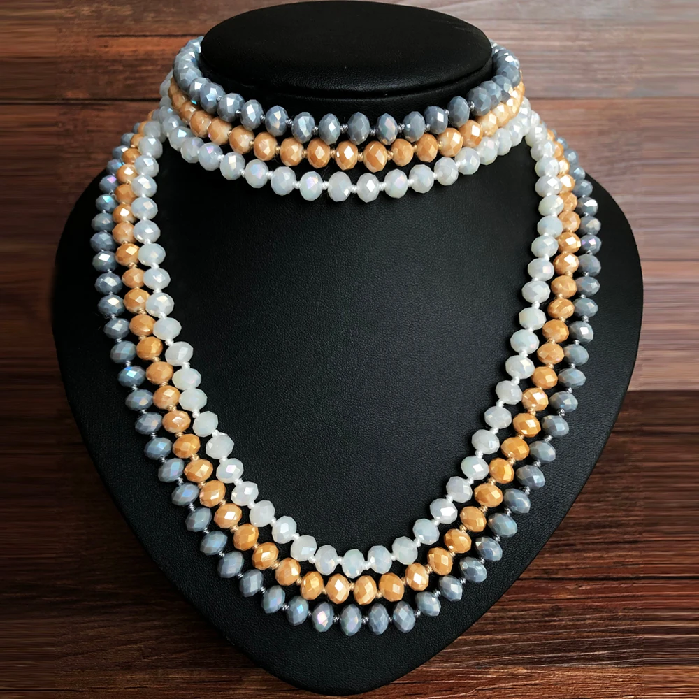 Fashion Jewelry Women Necklace Faceted Crystal Beads Knotted Long Necklace Gifts - 5